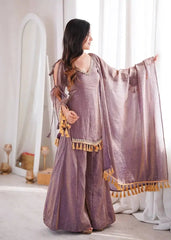 Lavender Mirror Work Suit – Cold Shoulder Bell Sleeves, Palazzo & Dupatta
