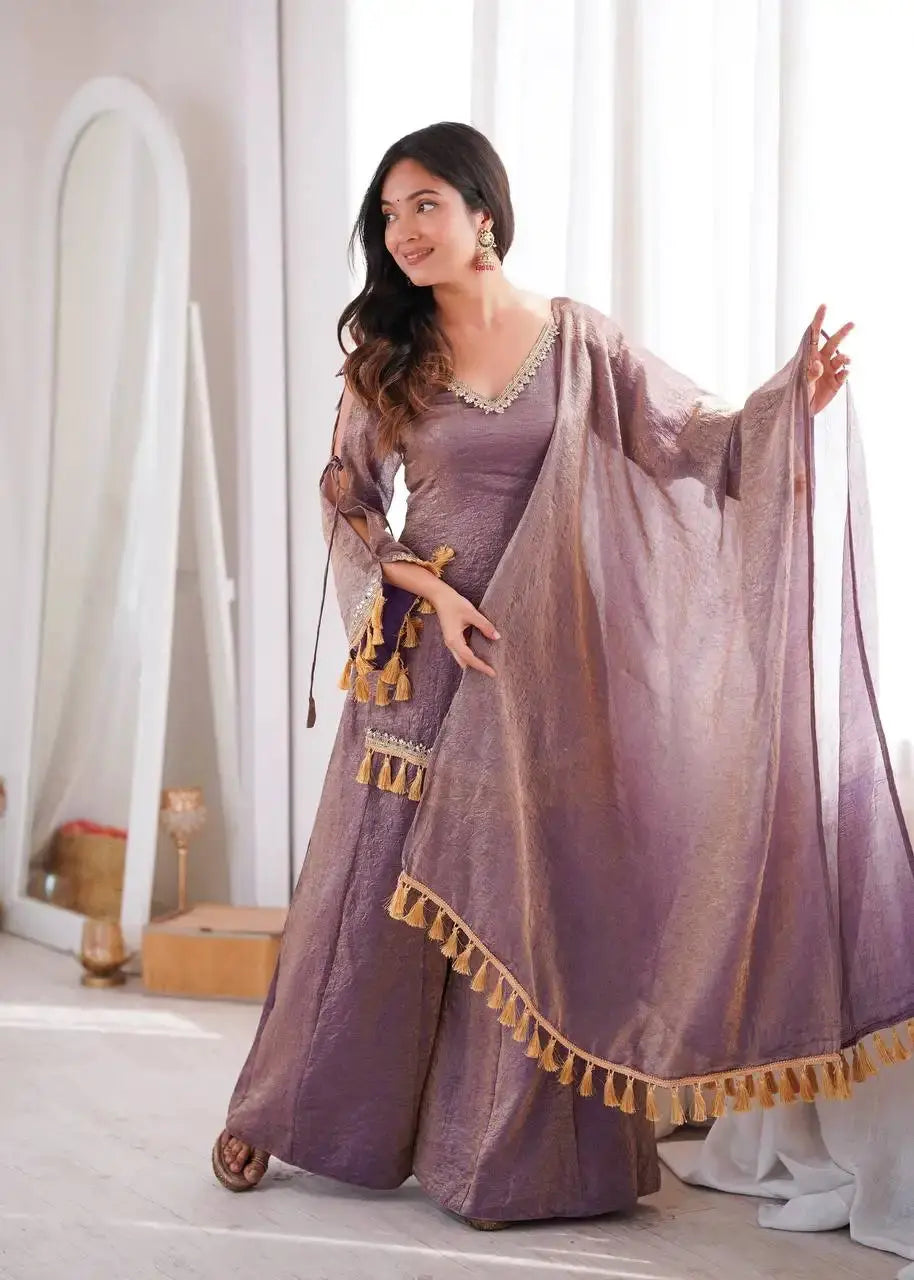 Lavender Mirror Work Suit – Cold Shoulder Bell Sleeves, Palazzo & Dupatta