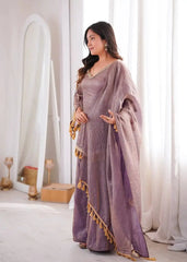 Lavender Mirror Work Suit – Cold Shoulder Bell Sleeves, Palazzo & Dupatta