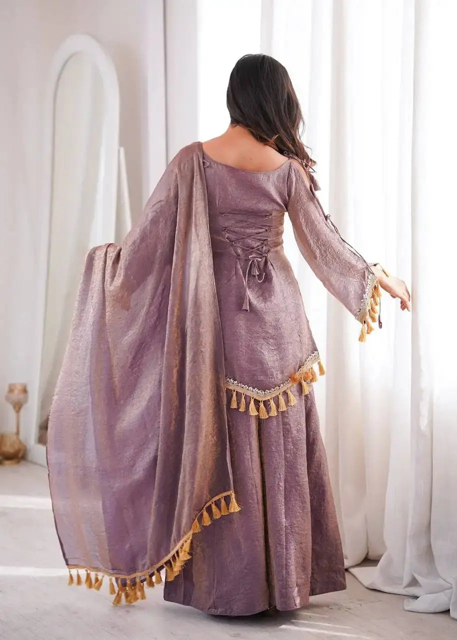 Lavender Mirror Work Suit – Cold Shoulder Bell Sleeves, Palazzo & Dupatta