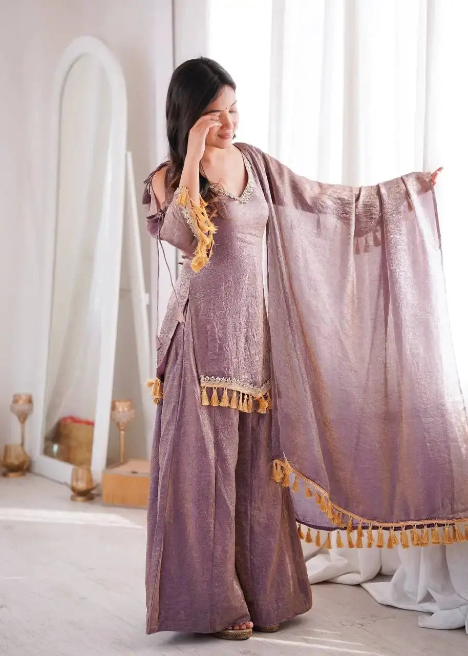 Lavender Mirror Work Suit – Cold Shoulder Bell Sleeves, Palazzo & Dupatta