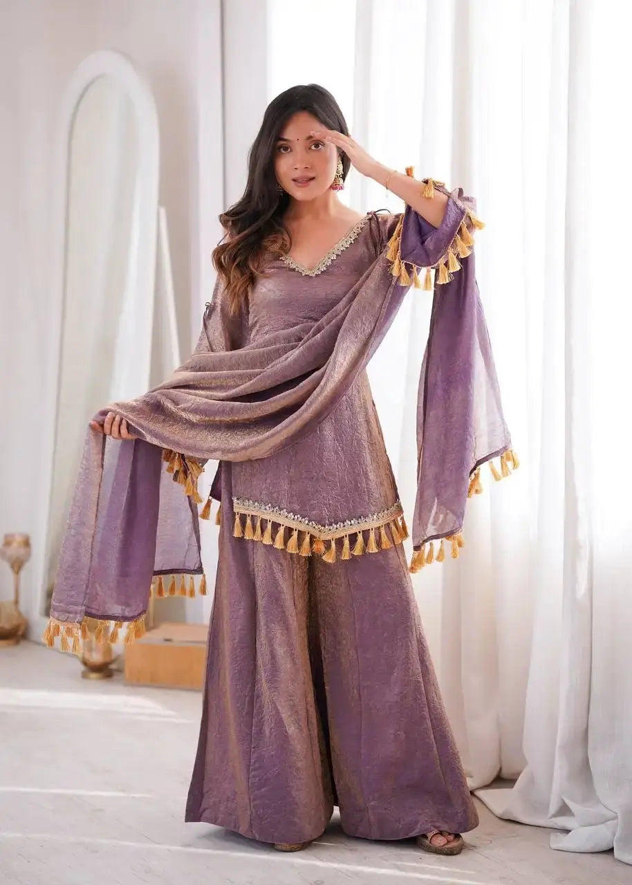 Lavender Mirror Work Suit – Cold Shoulder Bell Sleeves, Palazzo & Dupatta