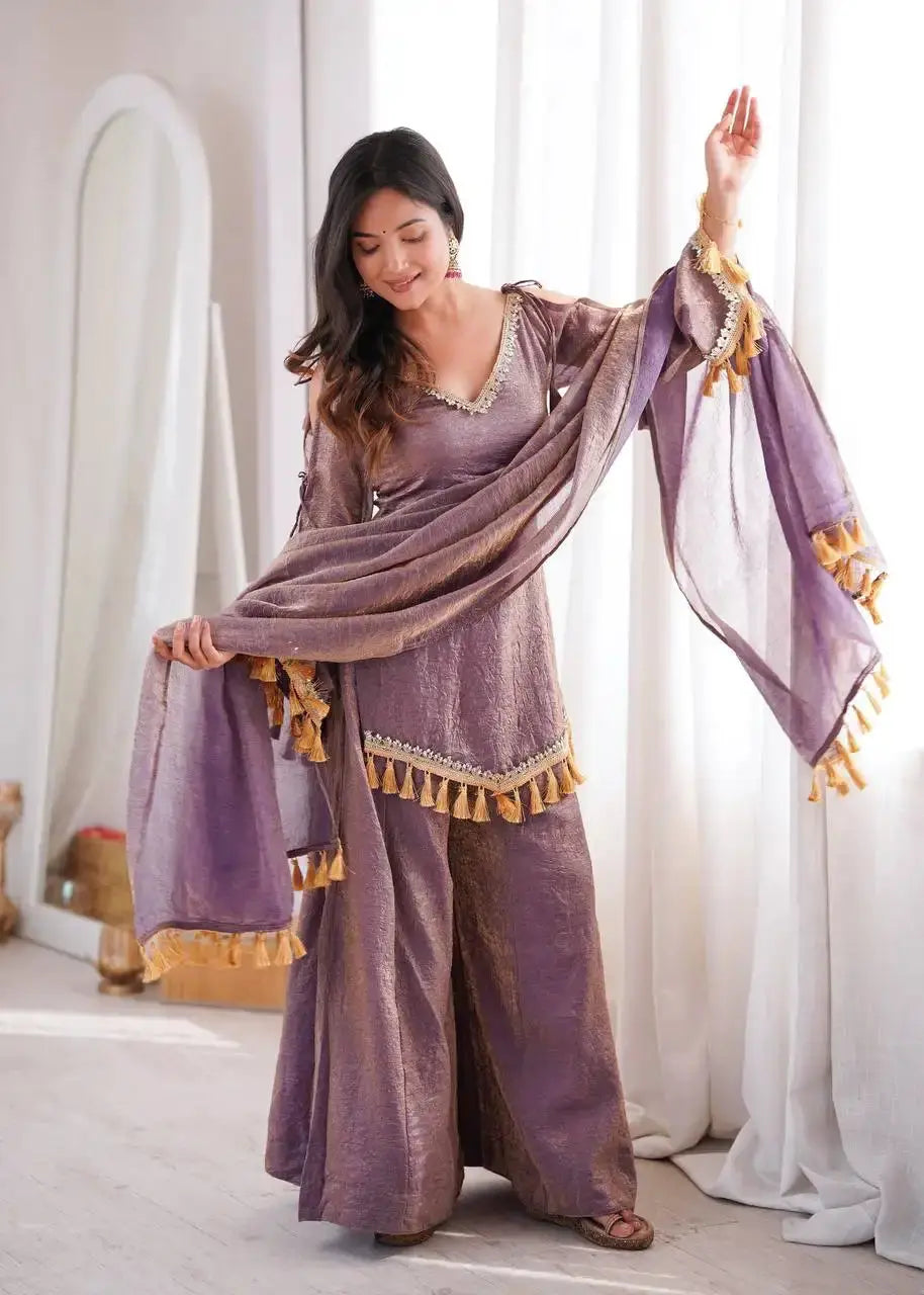Lavender Mirror Work Suit – Cold Shoulder Bell Sleeves, Palazzo & Dupatta