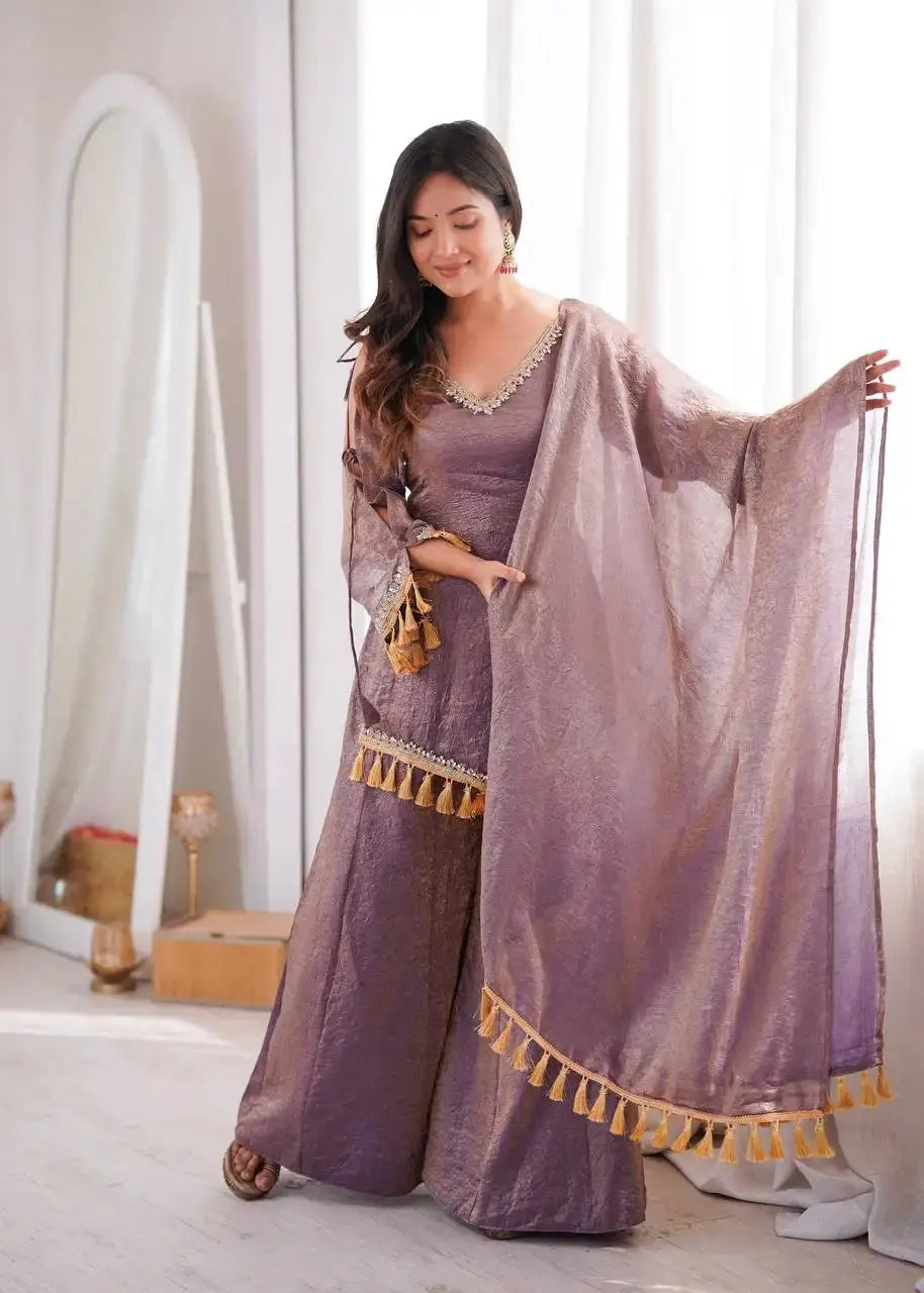 Lavender Mirror Work Suit – Cold Shoulder Bell Sleeves, Palazzo & Dupatta
