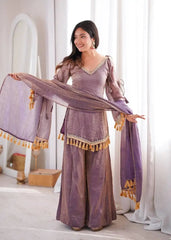 Lavender Mirror Work Suit – Cold Shoulder Bell Sleeves, Palazzo & Dupatta