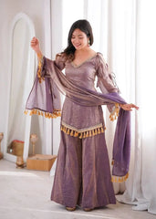 Lavender Mirror Work Suit – Cold Shoulder Bell Sleeves, Palazzo & Dupatta