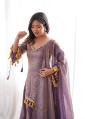 Lavender Mirror Work Suit – Cold Shoulder Bell Sleeves, Palazzo & Dupatta