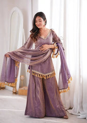 Lavender Mirror Work Suit – Cold Shoulder Bell Sleeves, Palazzo & Dupatta