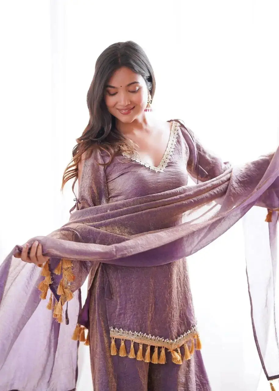 Lavender Mirror Work Suit – Cold Shoulder Bell Sleeves, Palazzo & Dupatta