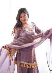 Lavender Mirror Work Suit – Cold Shoulder Bell Sleeves, Palazzo & Dupatta
