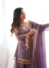 Lavender Mirror Work Suit – Cold Shoulder Bell Sleeves, Palazzo & Dupatta