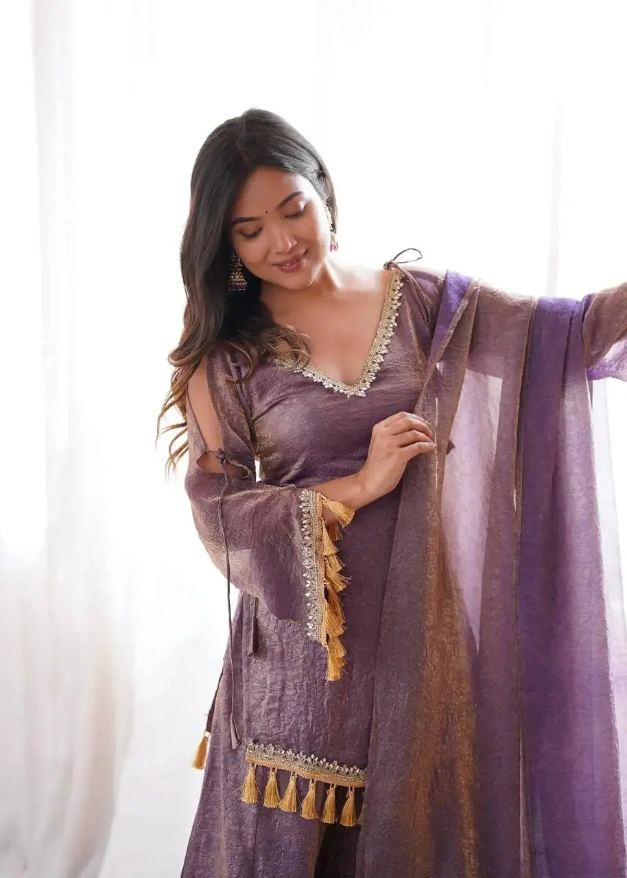 Lavender Mirror Work Suit – Cold Shoulder Bell Sleeves, Palazzo & Dupatta