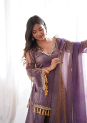 Lavender Mirror Work Suit – Cold Shoulder Bell Sleeves, Palazzo & Dupatta