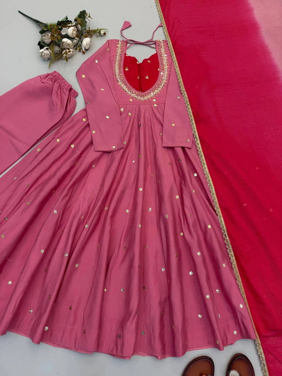 Pink Sequins Embroidered Anarkali Suit – Pant Set with Dupatta