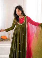 Dark Green Sequins Embroidered Anarkali Suit – Pant Set with Dupatta