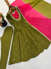 Dark Green Sequins Embroidered Anarkali Suit – Pant Set with Dupatta