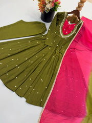 Dark Green Sequins Embroidered Anarkali Suit – Pant Set with Dupatta