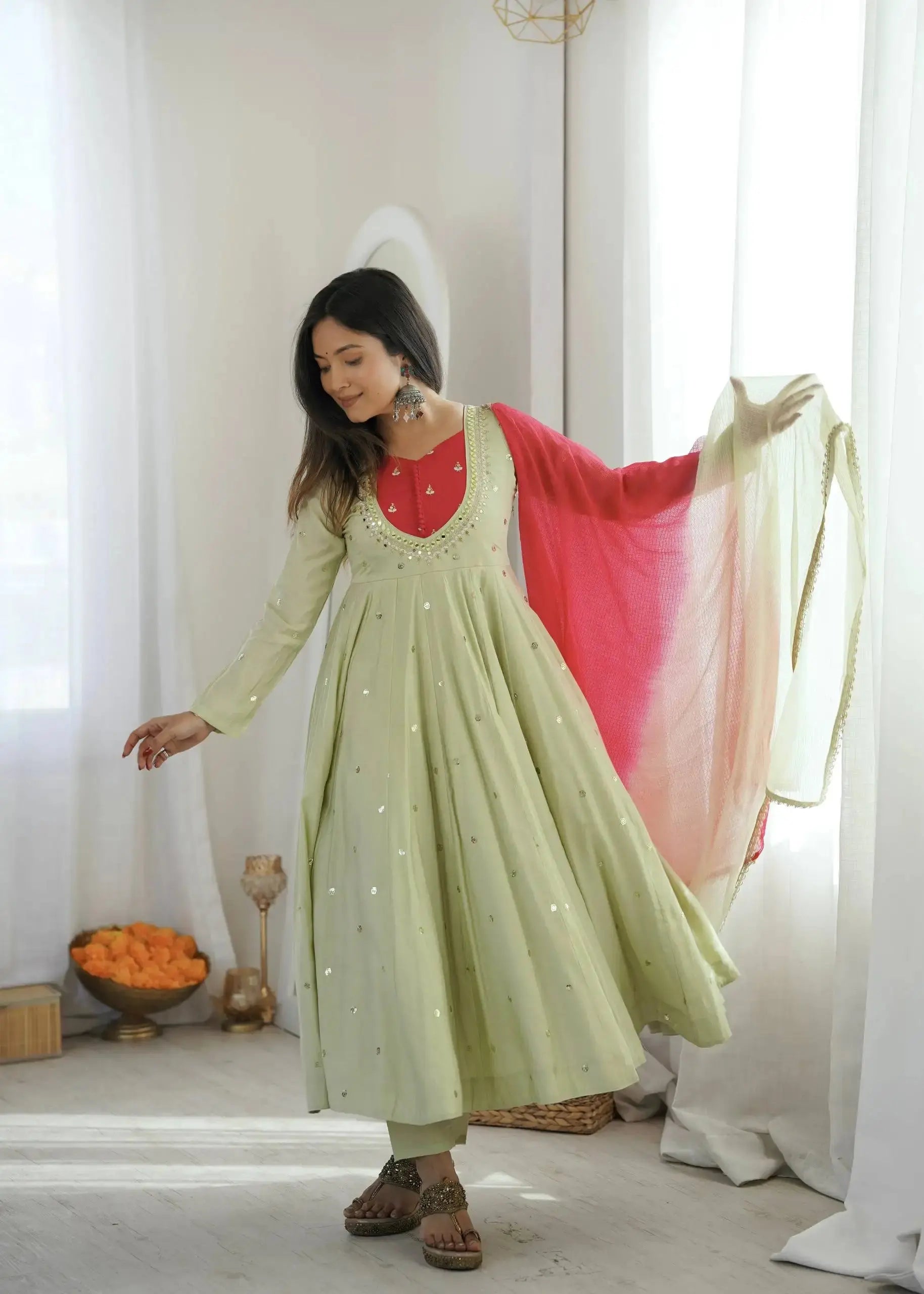 Light Pista Green Sequins Embroidered Anarkali Suit – Pant Set with Dupatta