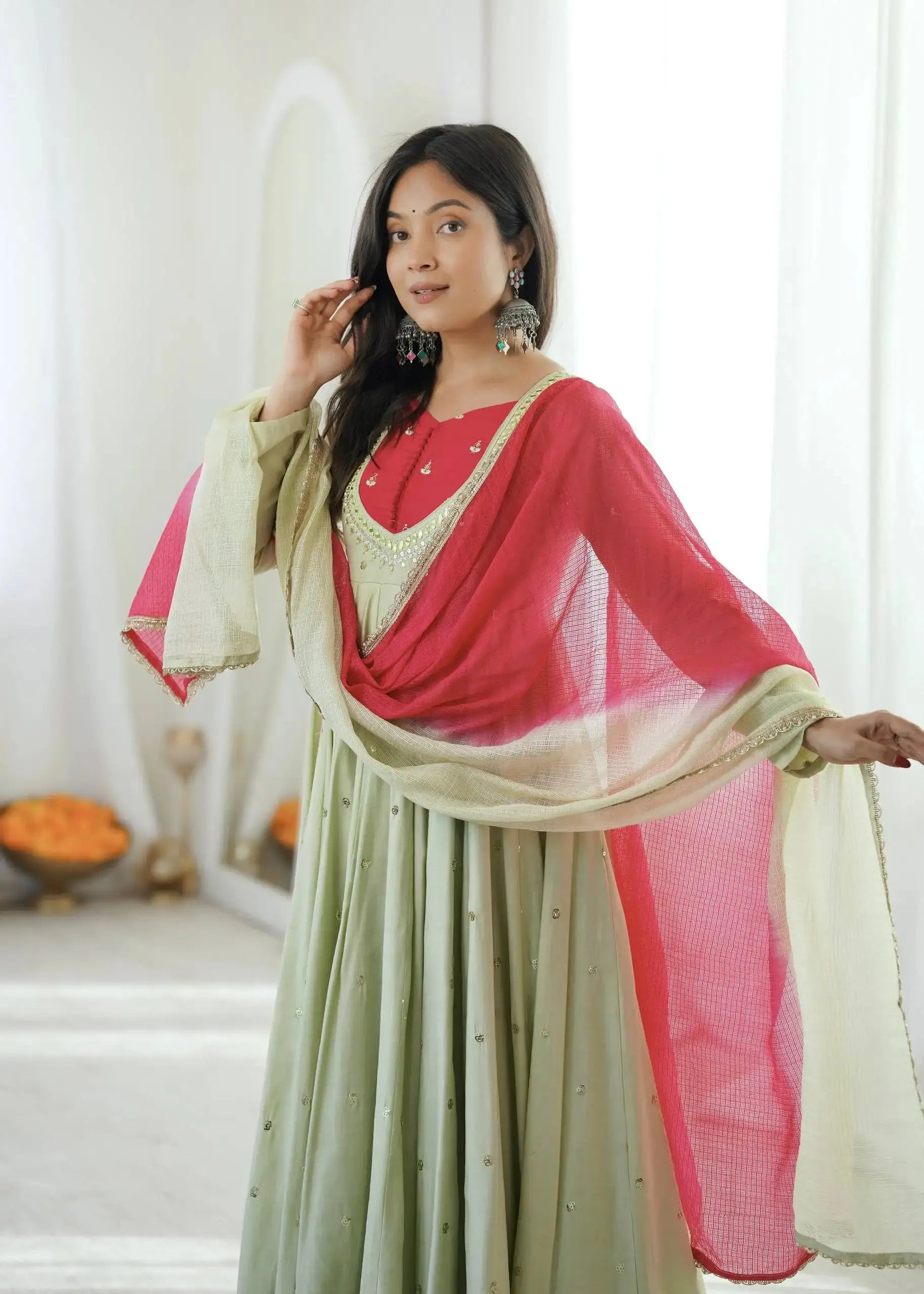Light Pista Green Sequins Embroidered Anarkali Suit – Pant Set with Dupatta