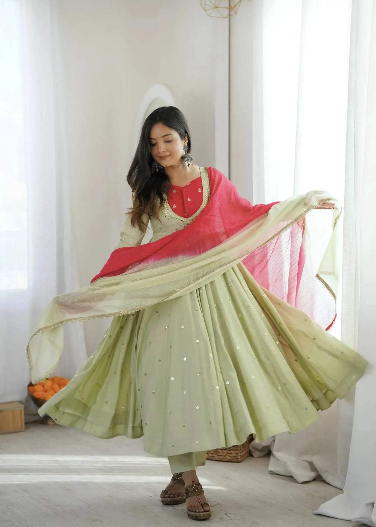 Light Pista Green Sequins Embroidered Anarkali Suit – Pant Set with Dupatta