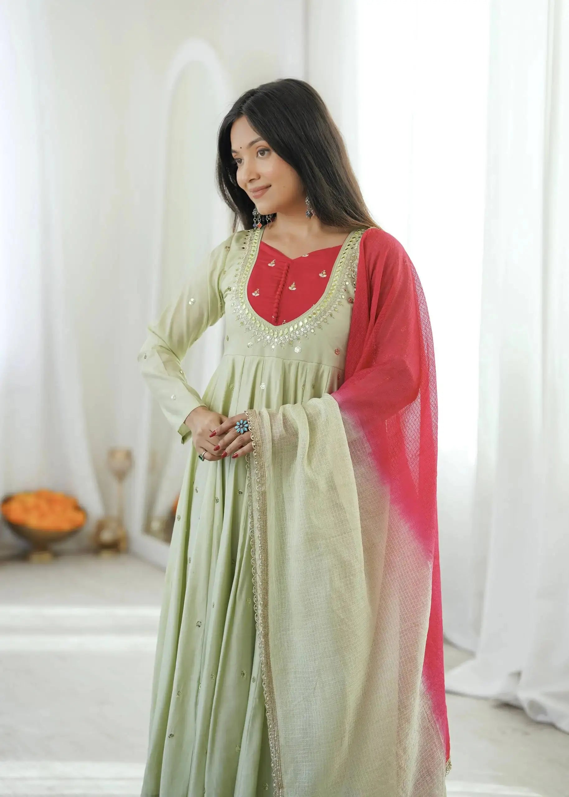Light Pista Green Sequins Embroidered Anarkali Suit – Pant Set with Dupatta