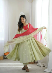 Light Pista Green Sequins Embroidered Anarkali Suit – Pant Set with Dupatta