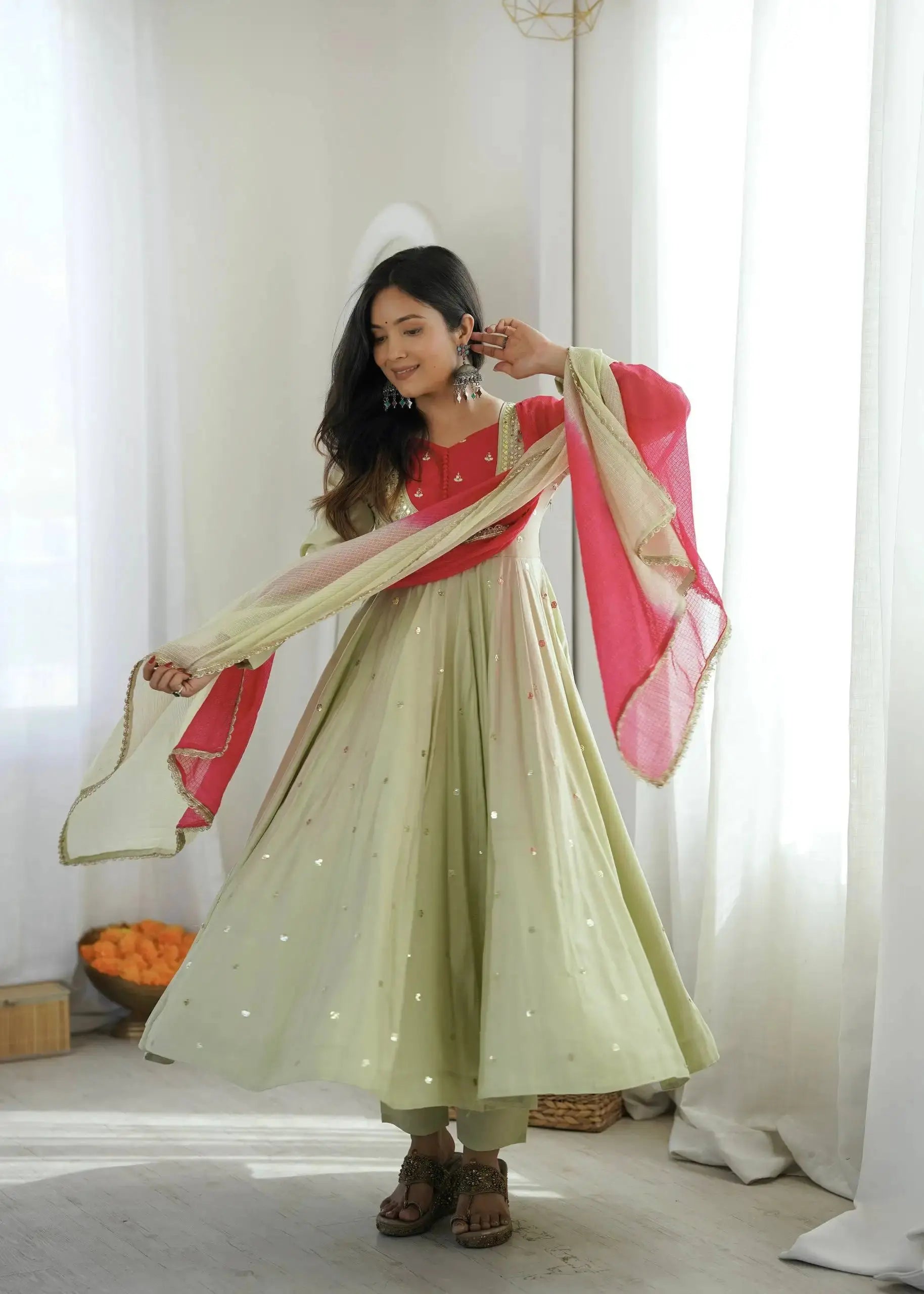 Light Pista Green Sequins Embroidered Anarkali Suit – Pant Set with Dupatta