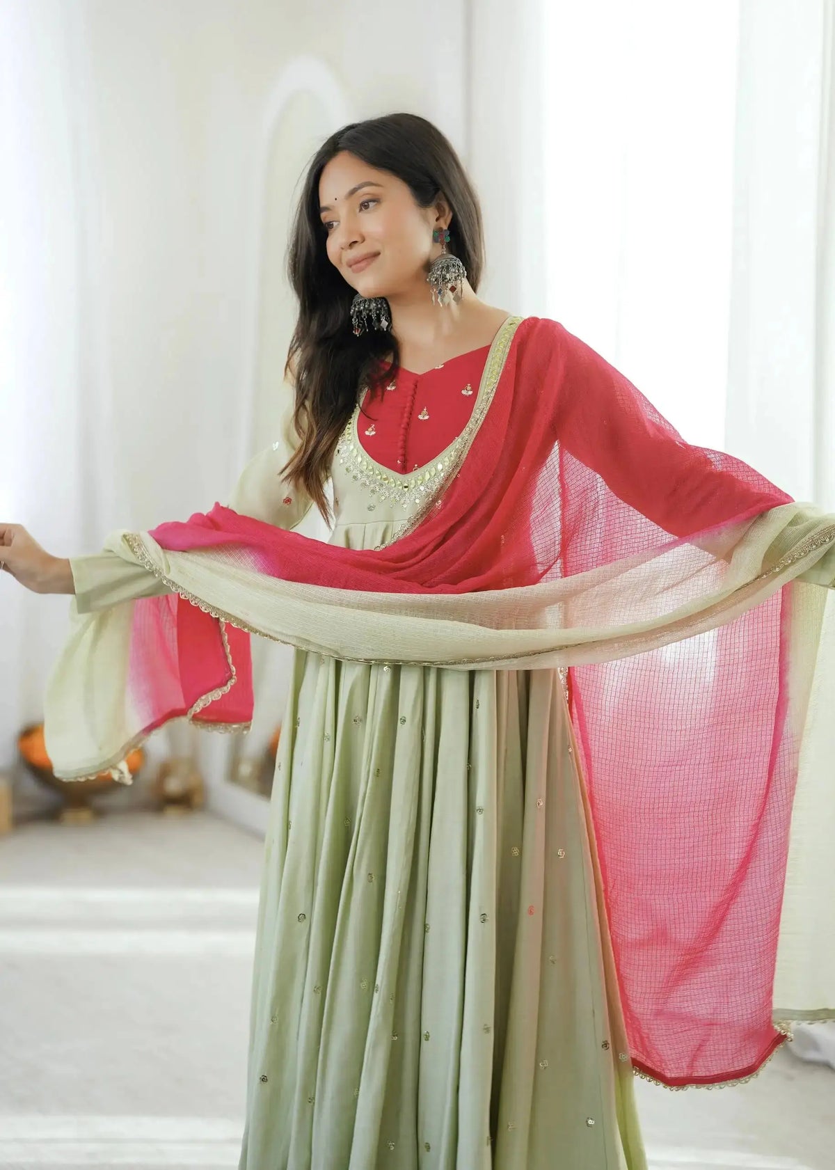 Light Pista Green Sequins Embroidered Anarkali Suit – Pant Set with Dupatta