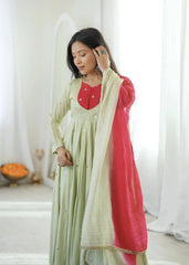 Light Pista Green Sequins Embroidered Anarkali Suit – Pant Set with Dupatta