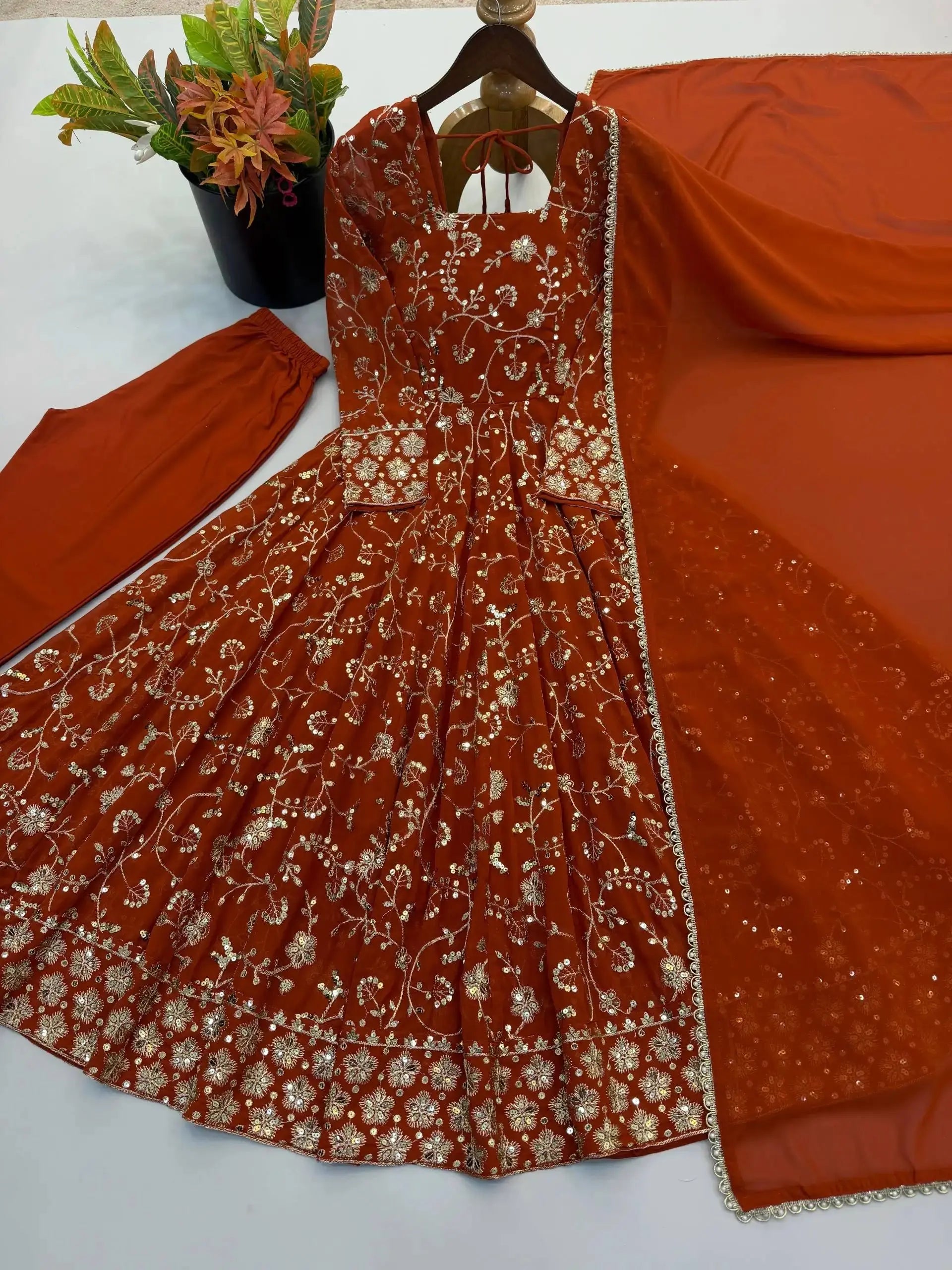 Orange Sequins Embroidered Suit – Anarkali with Pant & Dupatta