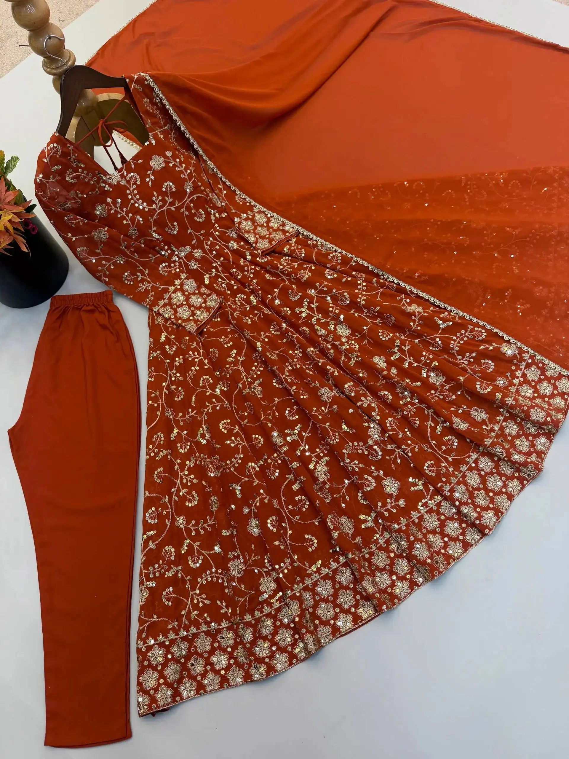 Orange Sequins Embroidered Suit – Anarkali with Pant & Dupatta