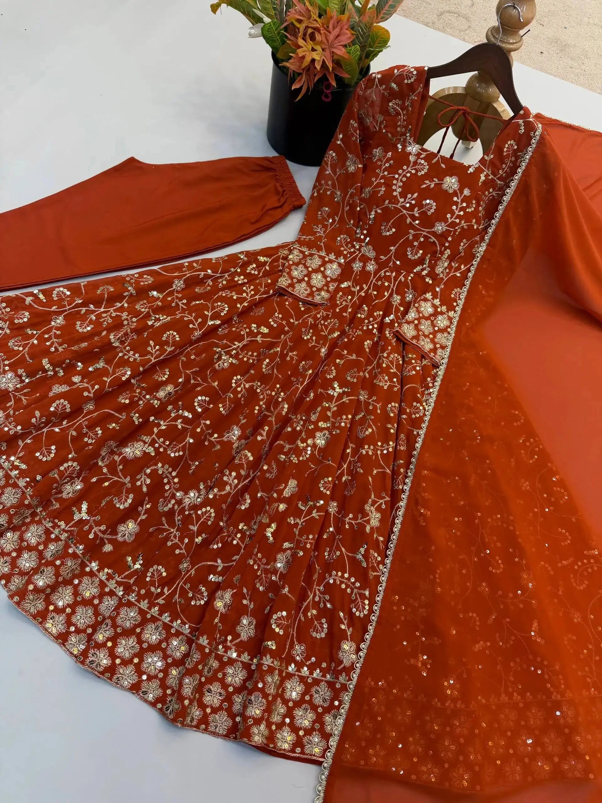 Orange Sequins Embroidered Suit – Anarkali with Pant & Dupatta