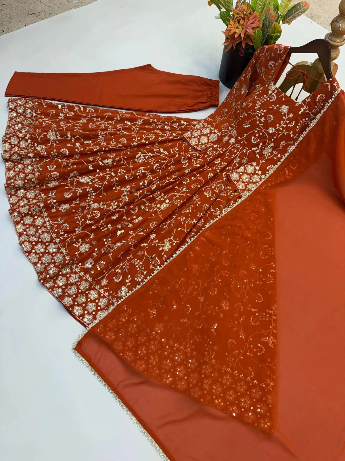 Orange Sequins Embroidered Suit – Anarkali with Pant & Dupatta