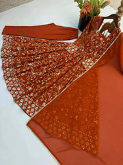 Orange Sequins Embroidered Suit – Anarkali with Pant & Dupatta