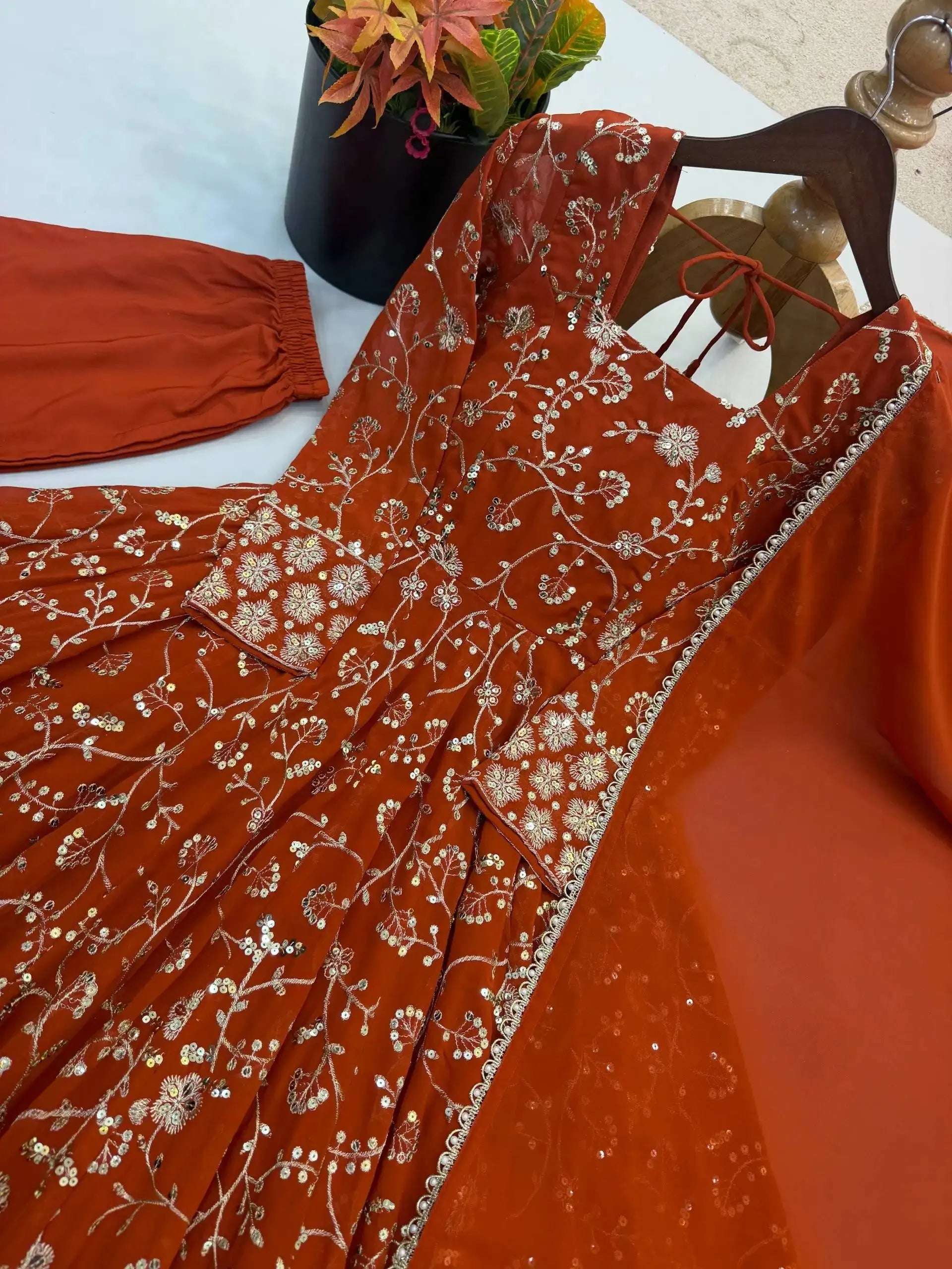 Orange Sequins Embroidered Suit – Anarkali with Pant & Dupatta