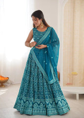 Light Sea Green Thread Embroidered Lehenga – Sequins Work, Faux Georgette, 3.5M Flair