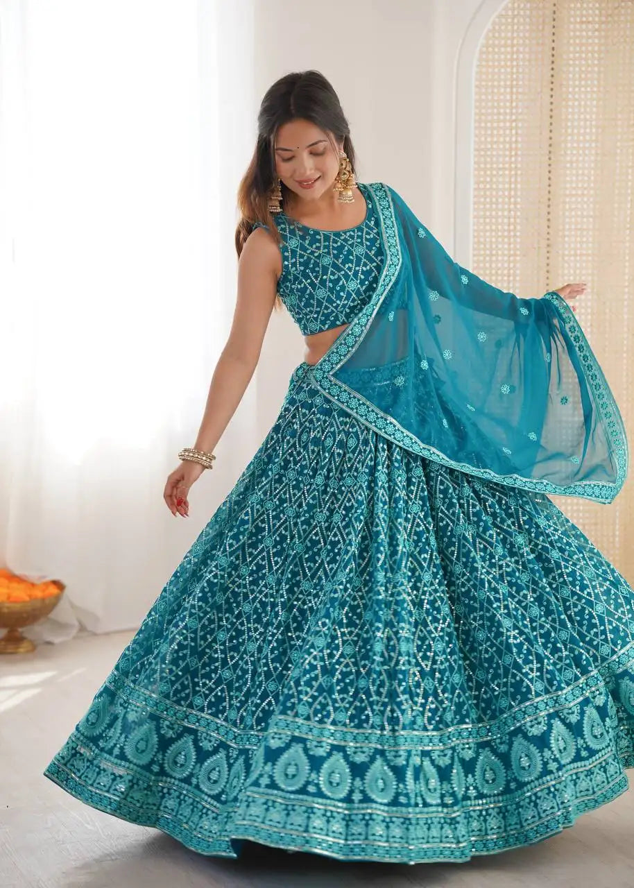 Light Sea Green Thread Embroidered Lehenga – Sequins Work, Faux Georgette, 3.5M Flair