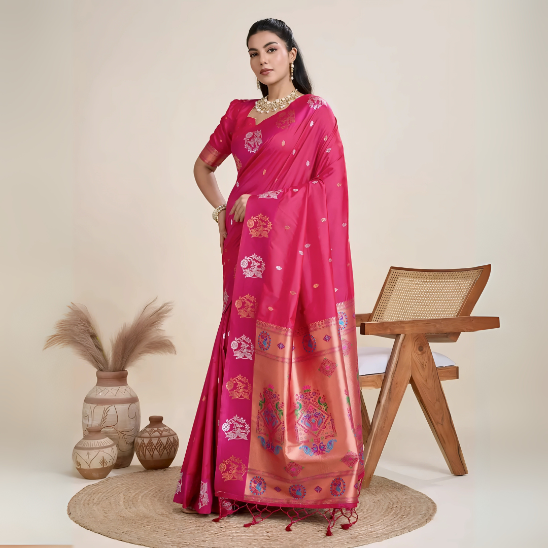 A woman models a luxurious Deep Fuchsia Soft Silk Saree. The saree features silver Zari motifs on the body and a wide pallu in contrasting rose gold, richly woven with multi-colored peacock and floral designs. She wears a matching short-sleeve pink blouse and heavy gold Kundan jewelry, posing indoors.