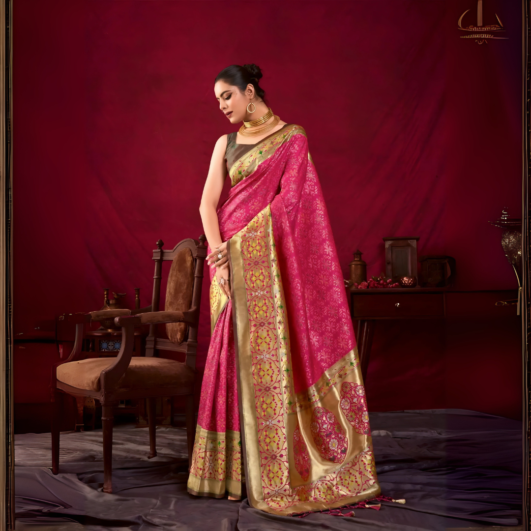 A woman models a luxurious Hot Pink Soft Banarasi Silk Saree. The saree features dense, all-over tone-on-tone Zari weaving. The wide border and pallu showcase heavy gold Zari work with vibrant green and yellow accents. She wears a contrasting dark (black/brown) sleeveless blouse and a heavy gold Kundan choker necklace, posing indoors.
