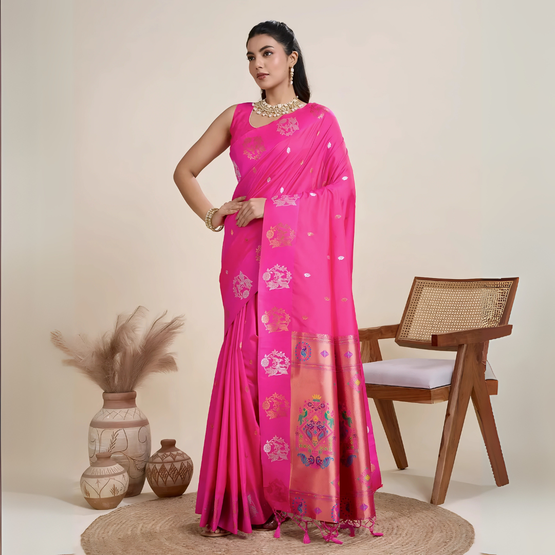 A woman models a luxurious Rani Pink Soft Silk Saree. The saree features scattered metallic motifs and a wide pallu in contrasting copper/rose gold, richly woven with multi-colored peacock and floral designs. She wears a matching pink sleeveless blouse and heavy gold Kundan jewelry, posing indoors.