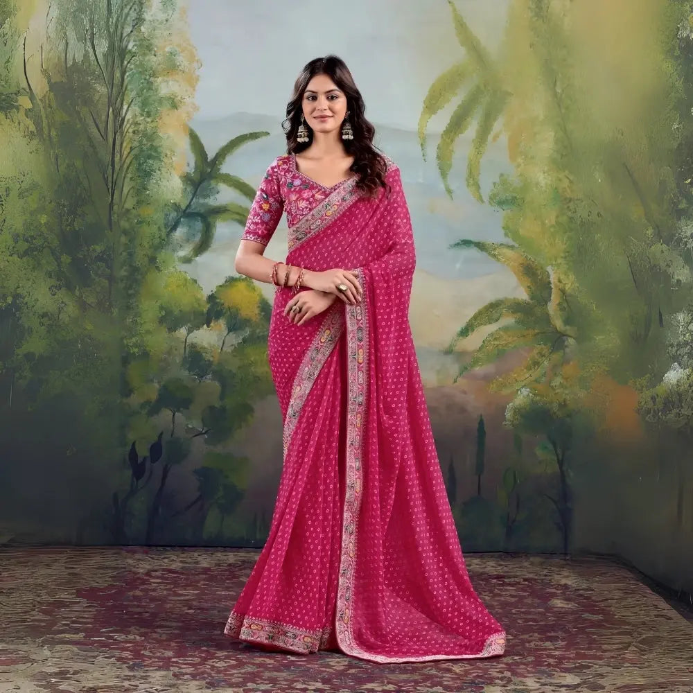 Dark Pink Embroidery Work Georgette Saree
