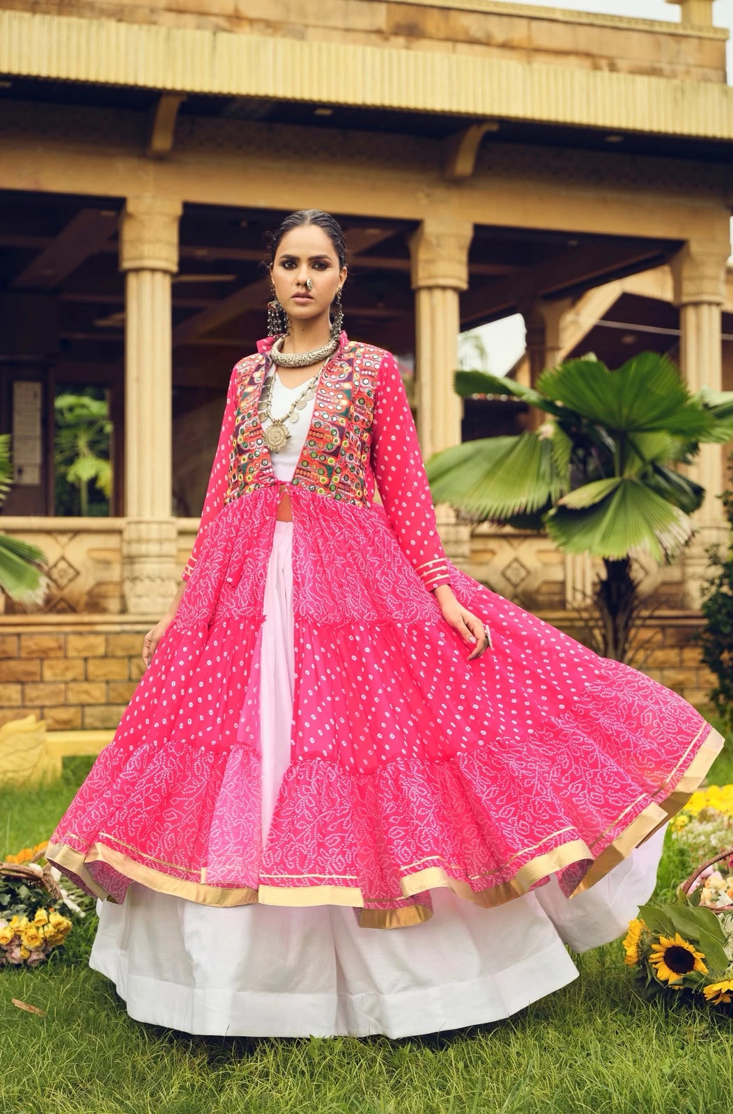 Pink Bandhani Print Lehenga front flair view gamthi kedia – KL180 Kalyanja