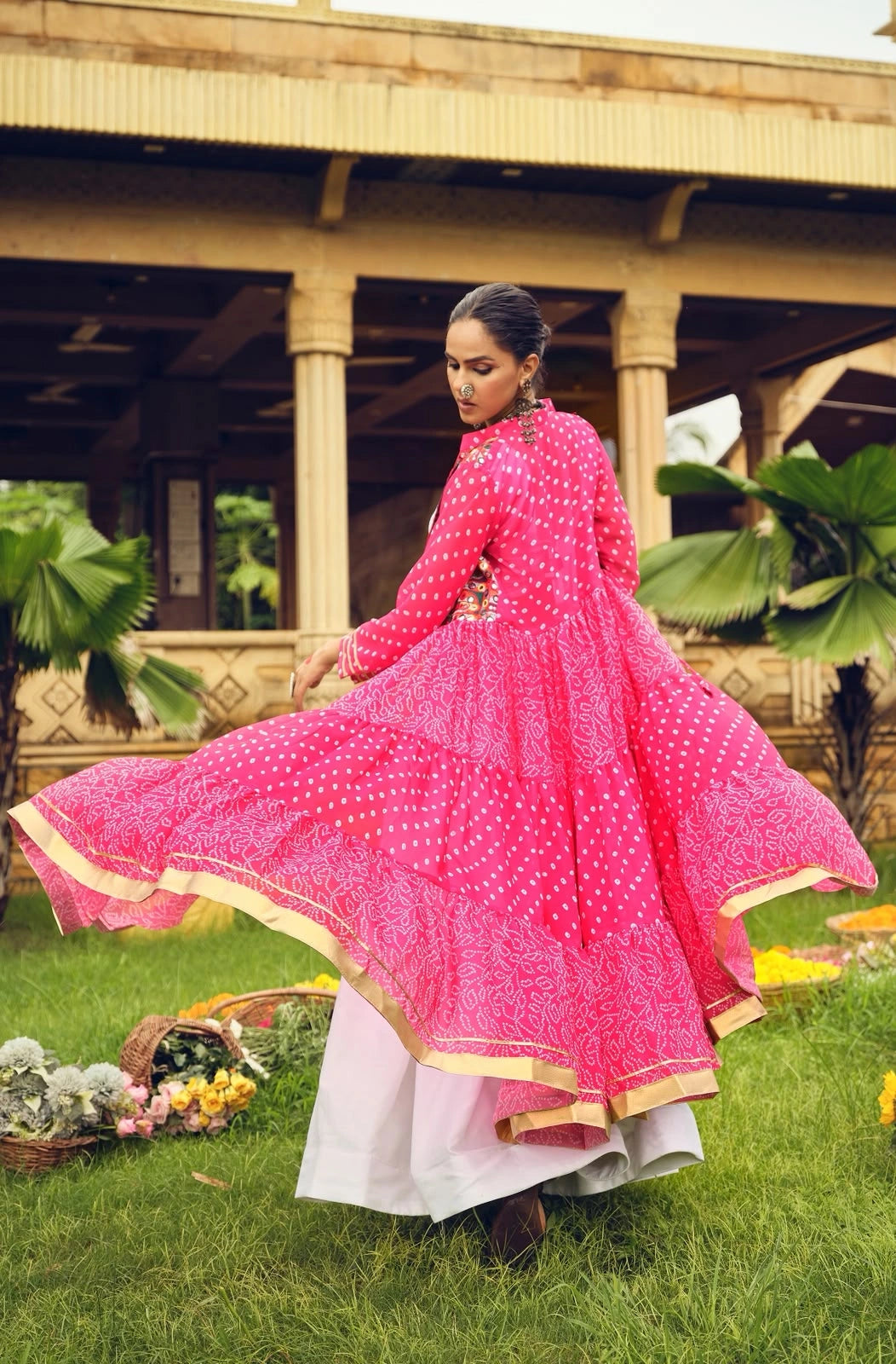 Pink Bandhani Lehenga full length with white inner palazzo – KL180 Kalyanja