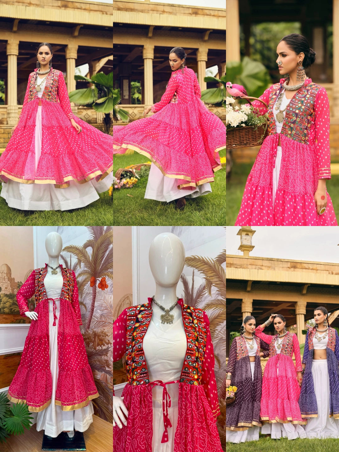 Pink Bandhani Print Lehenga collage multiple views – KL180 Kalyanja