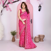 Pink Georgette Rajwadi Bandhej Print With Heavy Embroidery Work Saree