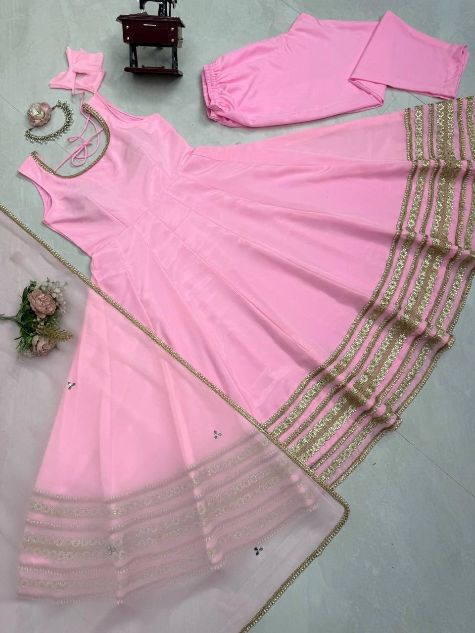 Pink Coding Dori Anarkali Suit flat lay full set Suit Pant Dupatta – Kalyanja KU295
