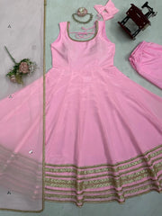 Pink Anarkali Suit flat lay coding dori dupatta border detail – Kalyanja KU295