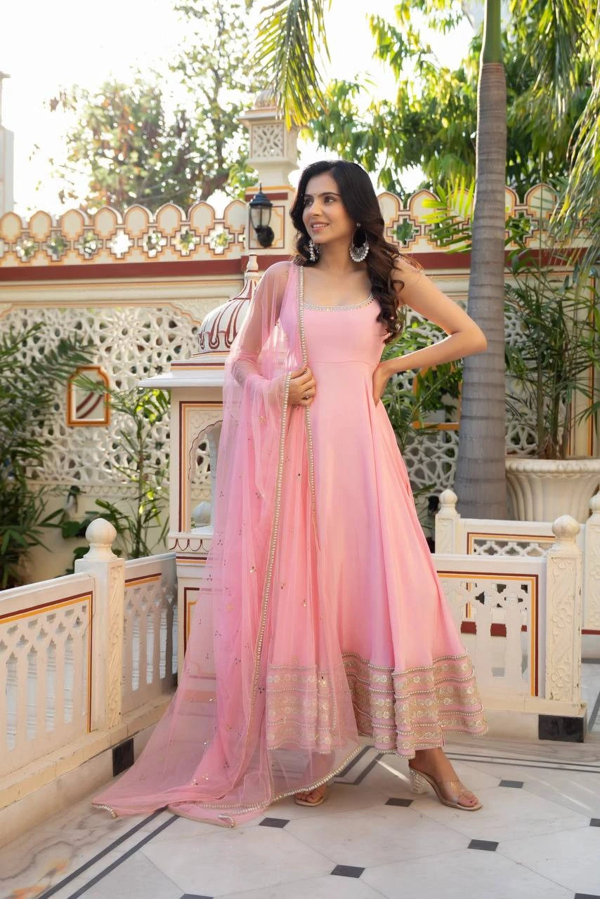 Pink Coding Dori Anarkali Suit front full-length smiling model – Kalyanja KU295