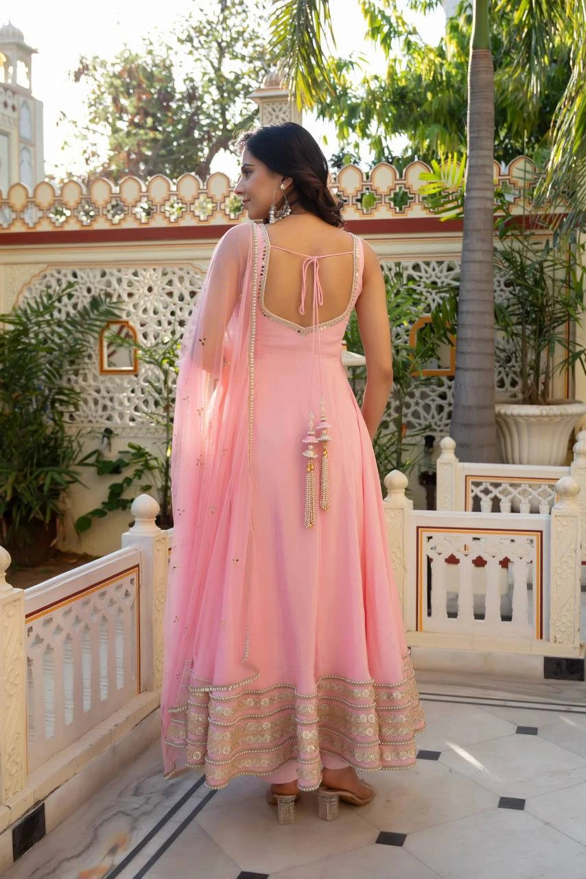 Pink Coding Dori Anarkali Suit back view Open with Dori Tie-Up tassel – Kalyanja KU295