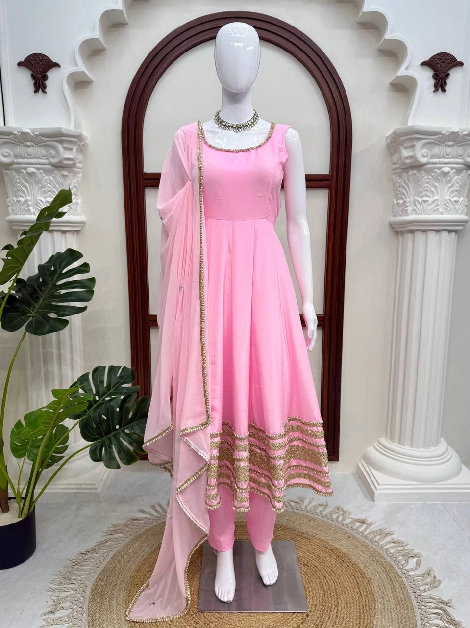 Pink Coding Dori Anarkali Suit mannequin full-length front with dupatta – Kalyanja KU295
